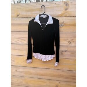 Vintage Rave Black Velvet Layered Look Top Satin Trim 90s Y2K Small 4E102